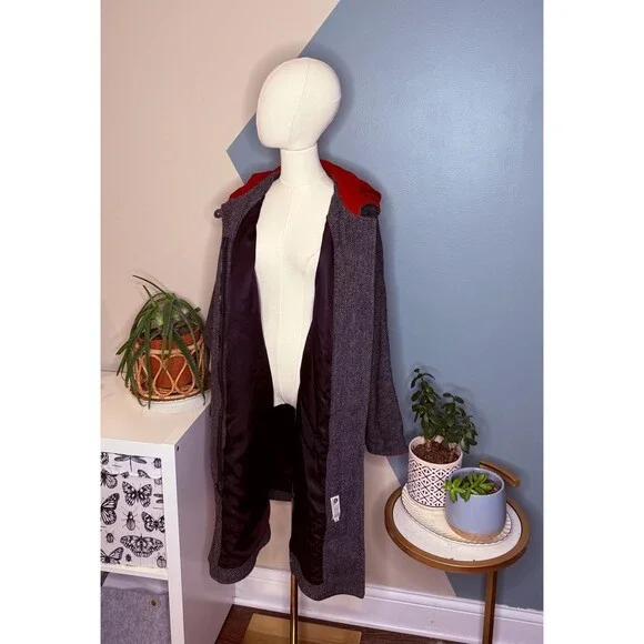 Vintage 90s Wool Hooded Swing Coat Cocoon Dolman Herringbone Small - Picture 10 of 14